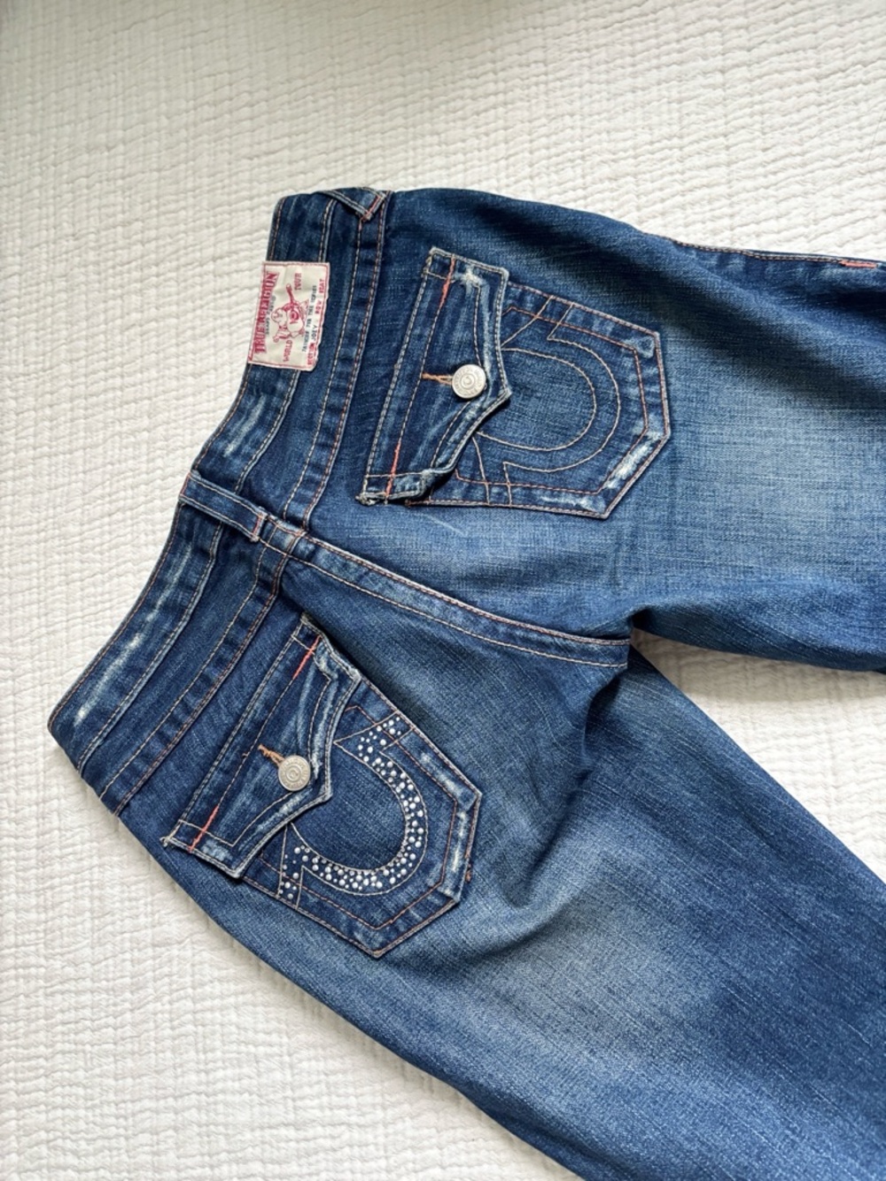 True Religion Low Rise Flare Jeans with Rhinestone Pockets - Picture 3 of 5